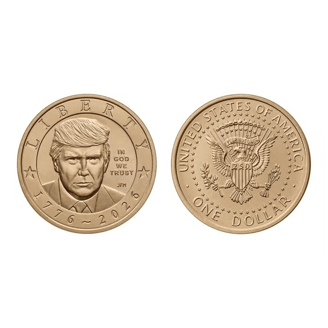 Peça numismática dourada com retrato de Donald Trump: anverso e reverso lado a lado